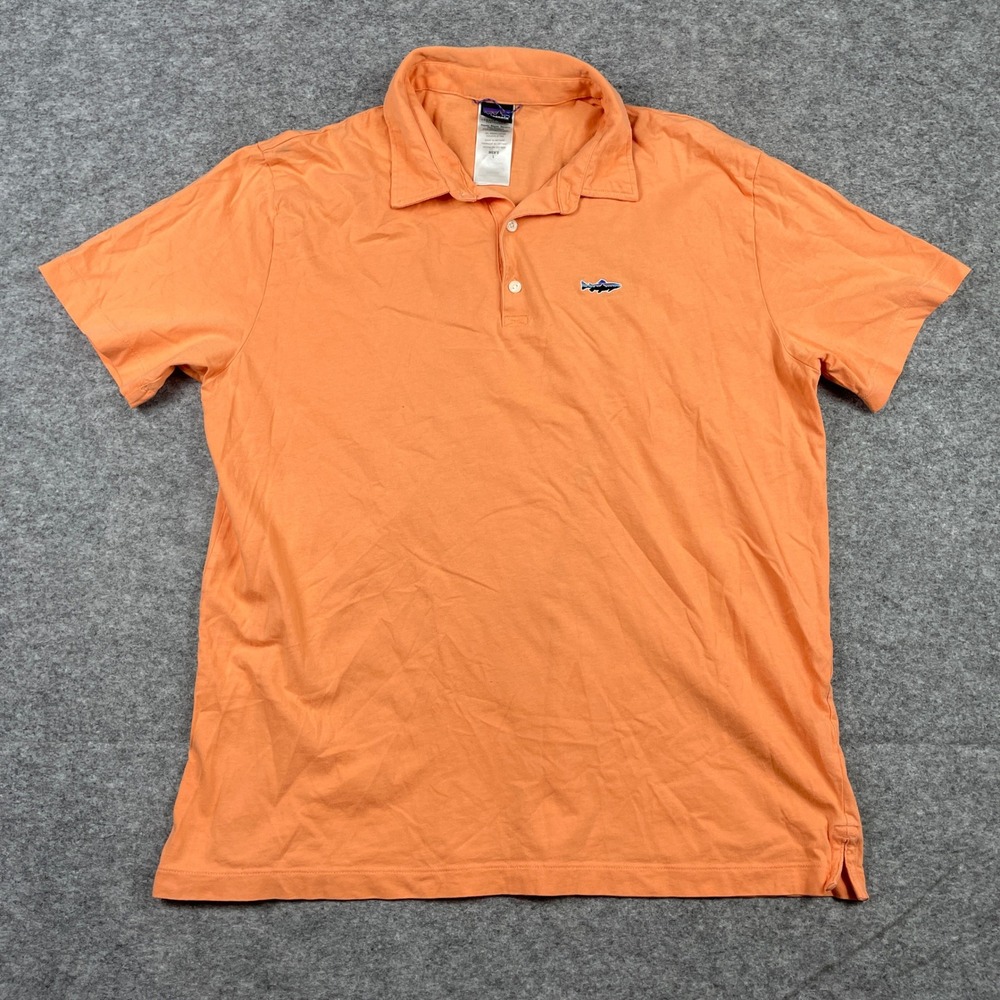 Patagonia Polo Shirt Mens L Orange Trout Fish Organic Cotton Short Sleeve Top
